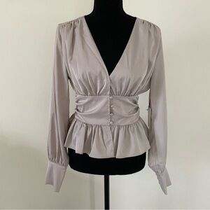 Jason Wu Satin Front Button Ruffle Peplum Hem Babydoll Blouse Top Silver Large